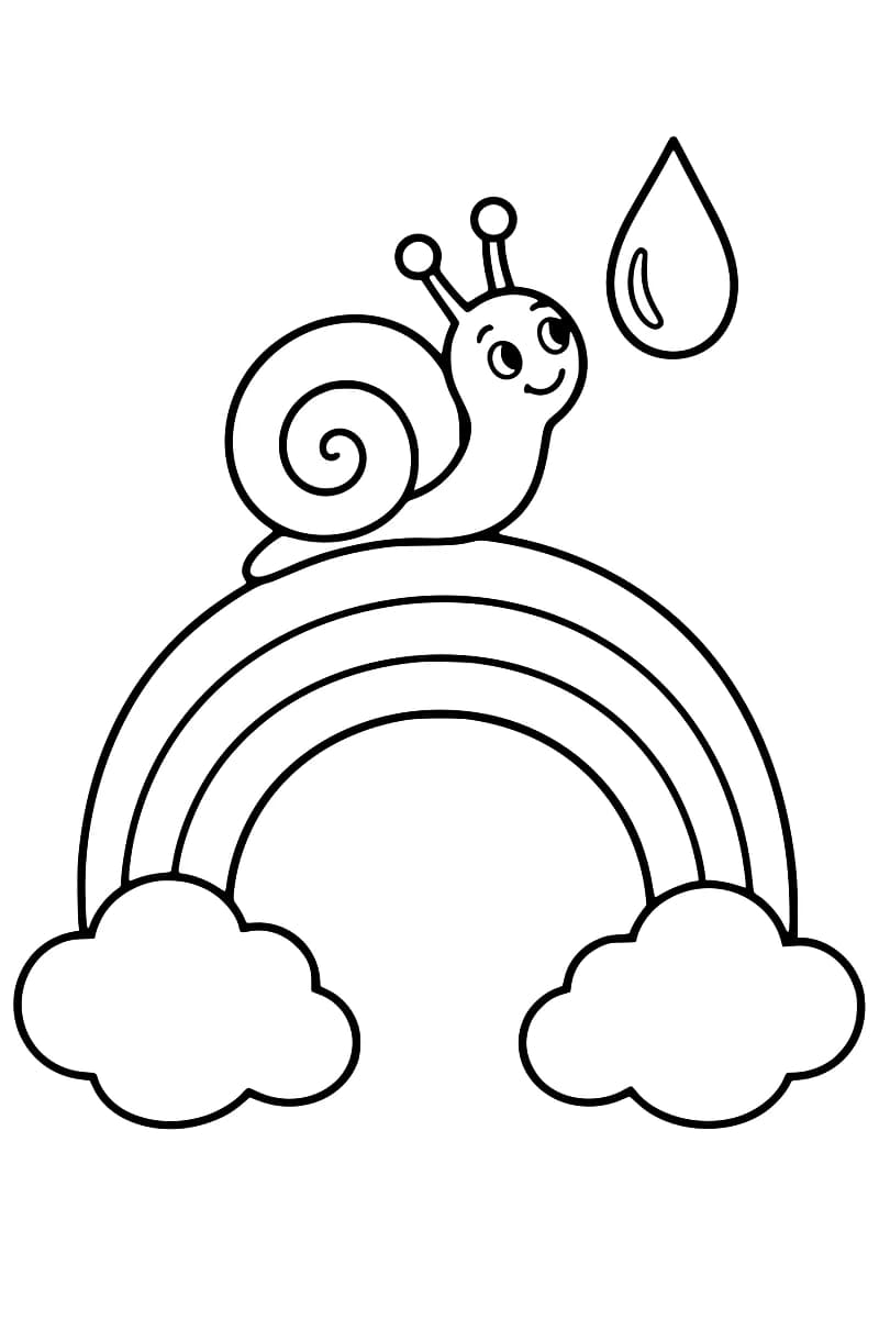 Dessin en noir et blanc d’un escargot à coquille spiralée sur un arc-en-ciel reliant deux nuages, avec une grande goutte de pluie à droite de sa tête.