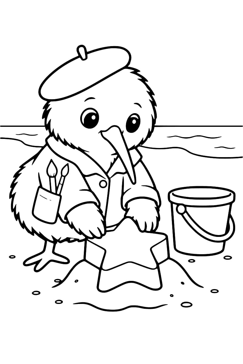 Dessin en noir et blanc d’un oiseau au long bec, portant un béret et une veste avec deux pinceaux dans la poche, devant un moule en forme d’étoile sur la plage, avec un seau à droite et la mer en arrière-plan.