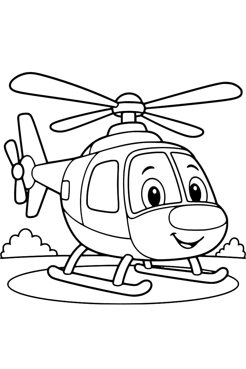 Dessin en noir et blanc d’un hélicoptère vu de trois quarts, avec des yeux sur le pare-brise, une bouche souriante, quatre grandes pales et deux patins posés dans un ovale au sol.