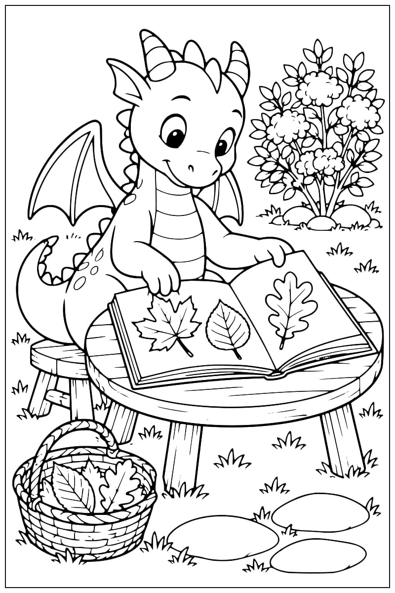Dessin en noir et blanc d’un dragon assis devant une table ronde portant un album ouvert avec trois feuilles d’arbres différentes, avec un panier de feuilles au sol et un arbuste fleuri à l’arrière-plan.