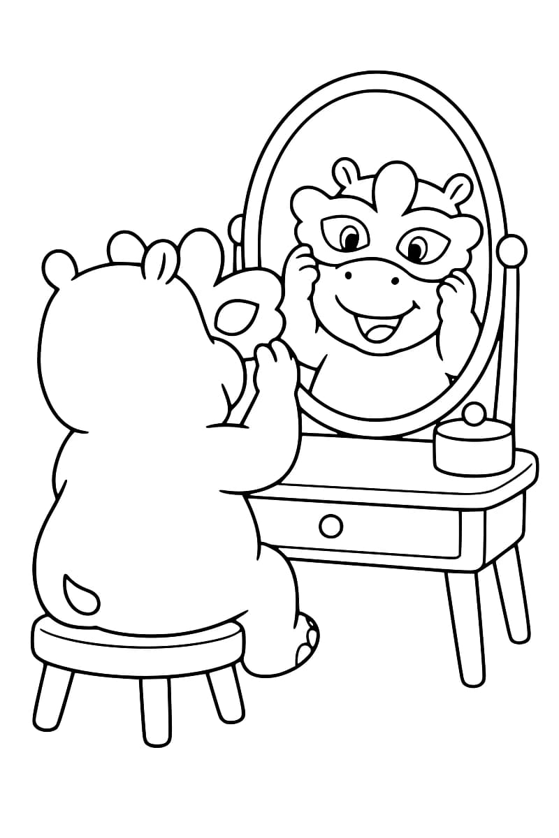 Dessin en noir et blanc d’un hippopotame vu de dos, assis sur un tabouret et tenant un masque devant son visage, dont le reflet souriant apparaît dans un miroir ovale.