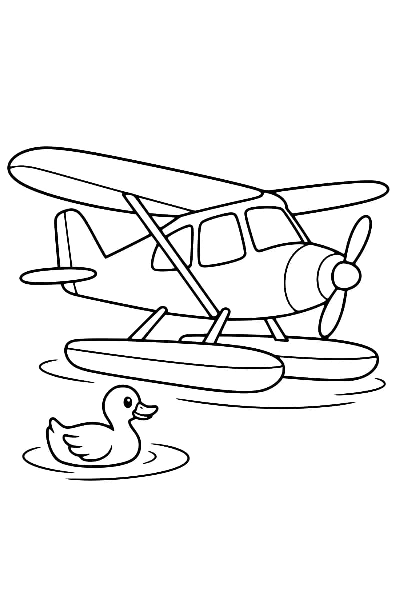 Dessin en noir et blanc d’un hydravion à hélice sur l’eau, avec un canard au premier plan et des ondulations autour d’eux.