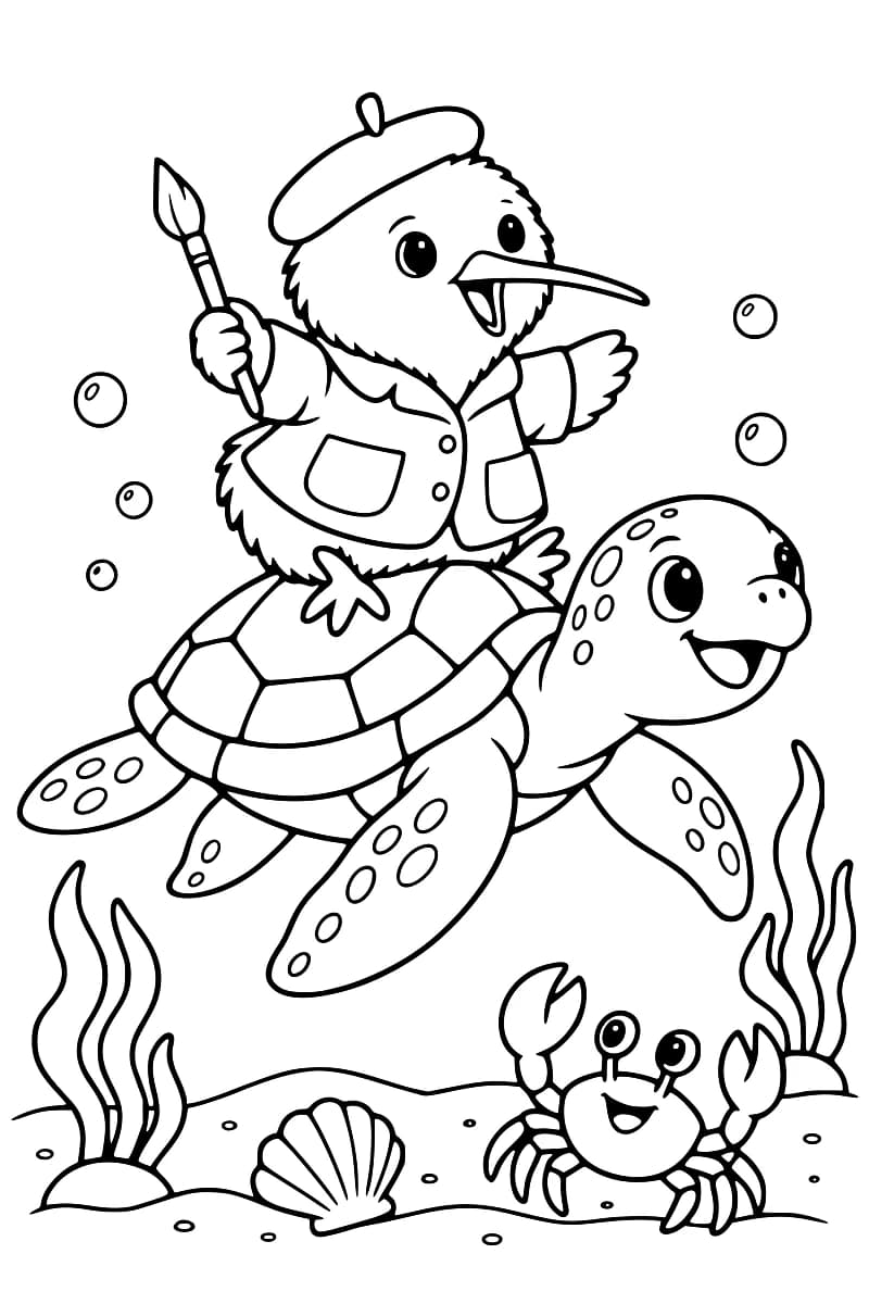 Dessin à colorier d’un oiseau en veste et béret, un pinceau à la main, perché sur la carapace d’une tortue marine souriante, avec des bulles, des algues, un crabe et un coquillage sur le fond sableux.