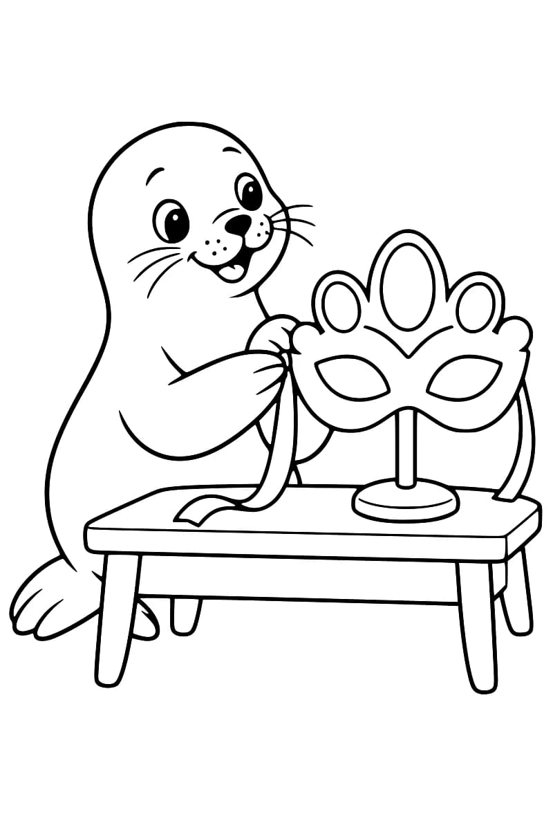 Dessin en noir et blanc d’une otarie souriante tenant le ruban d’un masque de carnaval à trois ornements ovales, installé sur un support à pied rond sur une table.