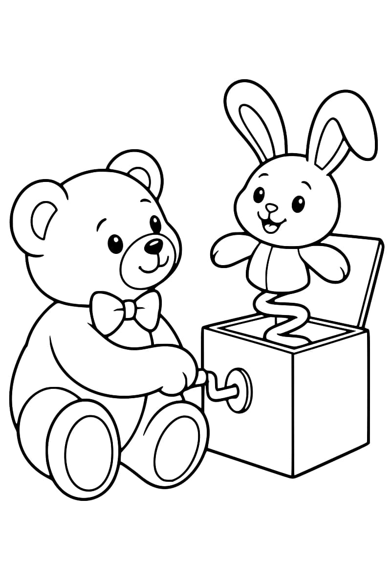 Dessin au trait noir sur fond blanc d’un ours assis portant un nœud papillon, une patte sur la manivelle d’une boîte ouverte contenant un lapin souriant sur un ressort.