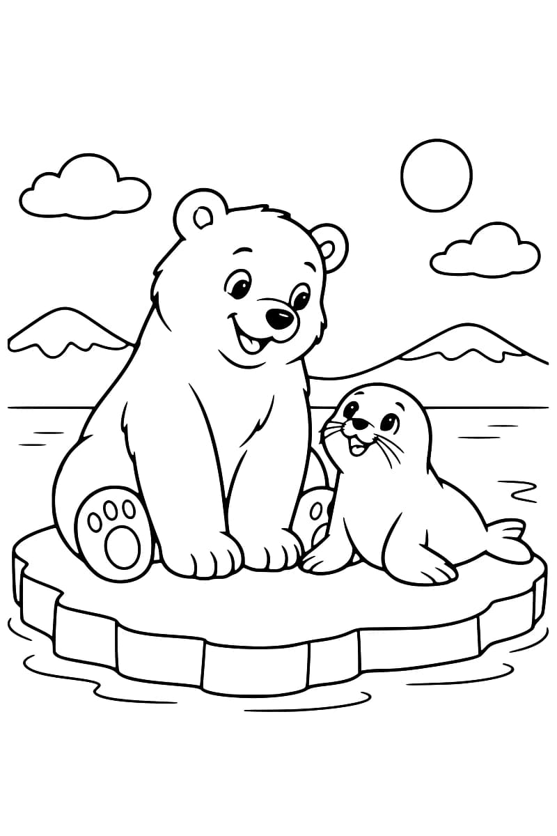Dessin à colorier représentant un ours polaire et un phoque sur un bloc de banquise, avec des montagnes, des nuages et le soleil en arrière-plan.