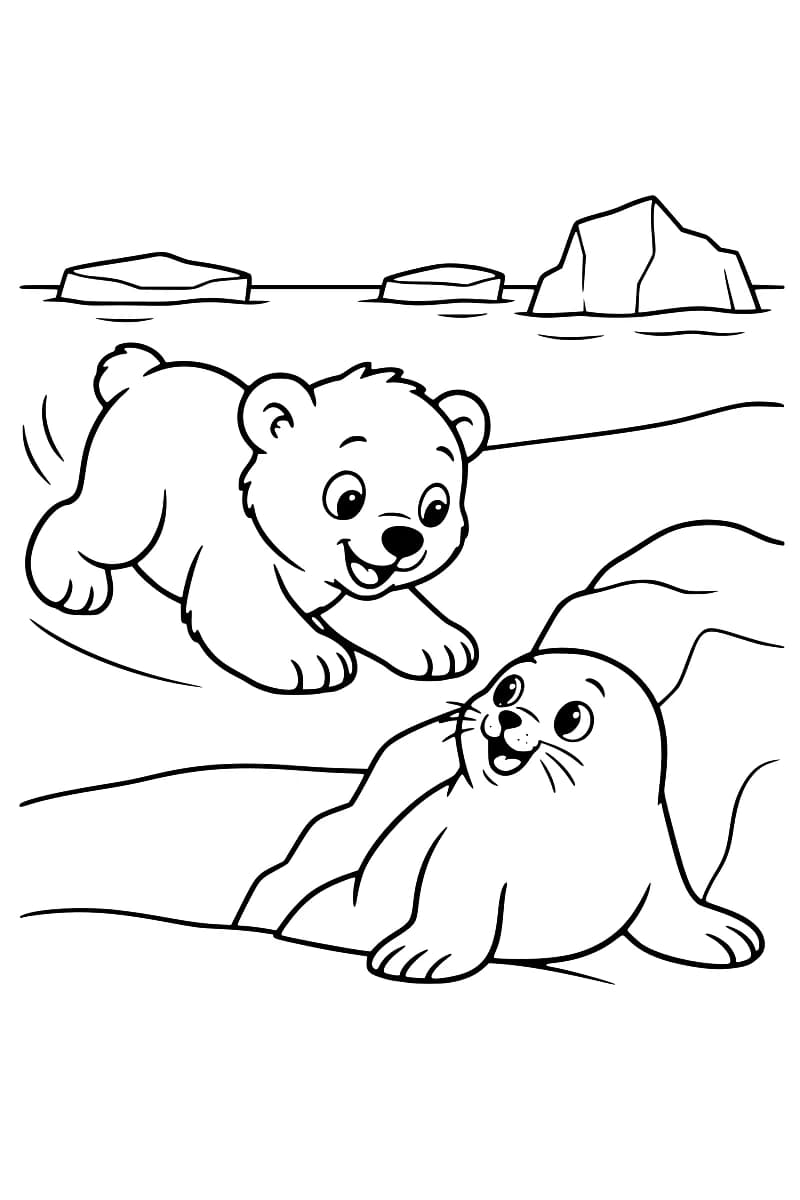 Ourson polaire près d’un phoque sur la banquise, avec des blocs de glace en arrière-plan.
