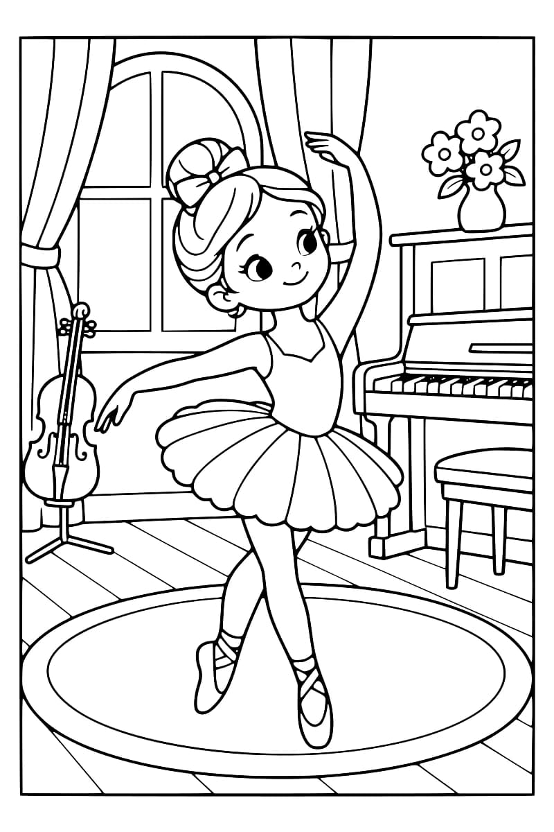 Dessin en noir et blanc d’une ballerine en tutu levant un bras devant un piano, avec un violon posé sur un support à gauche.