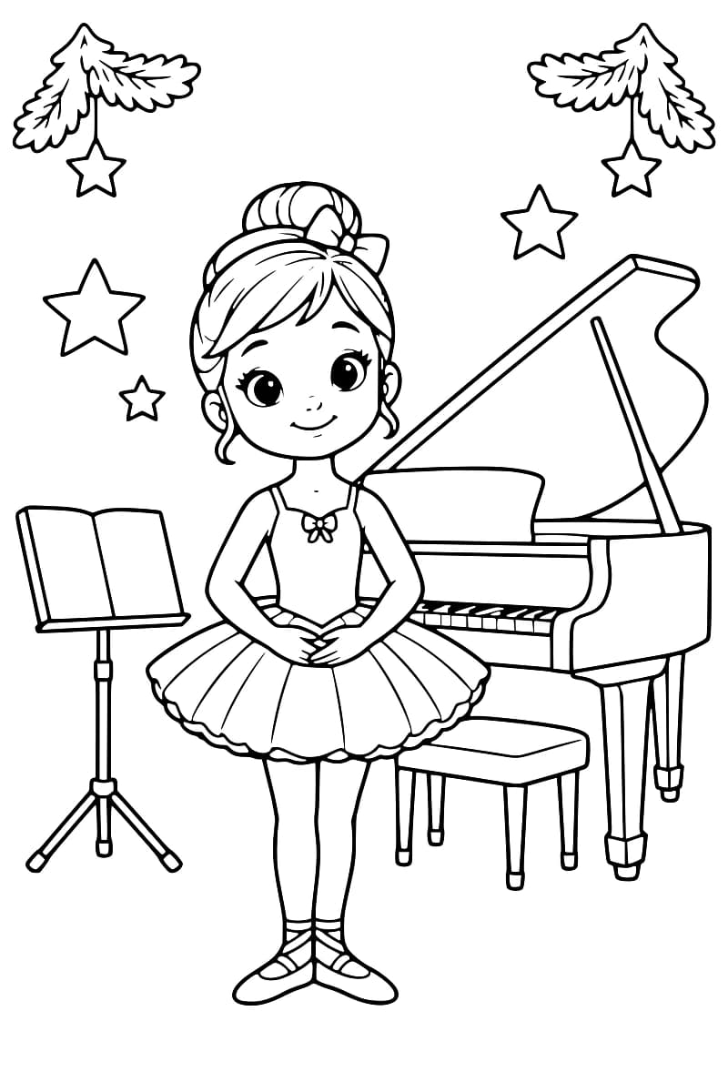 Dessin en noir et blanc d’une ballerine debout devant un piano à queue, avec un pupitre, des étoiles et des ornements décoratifs.