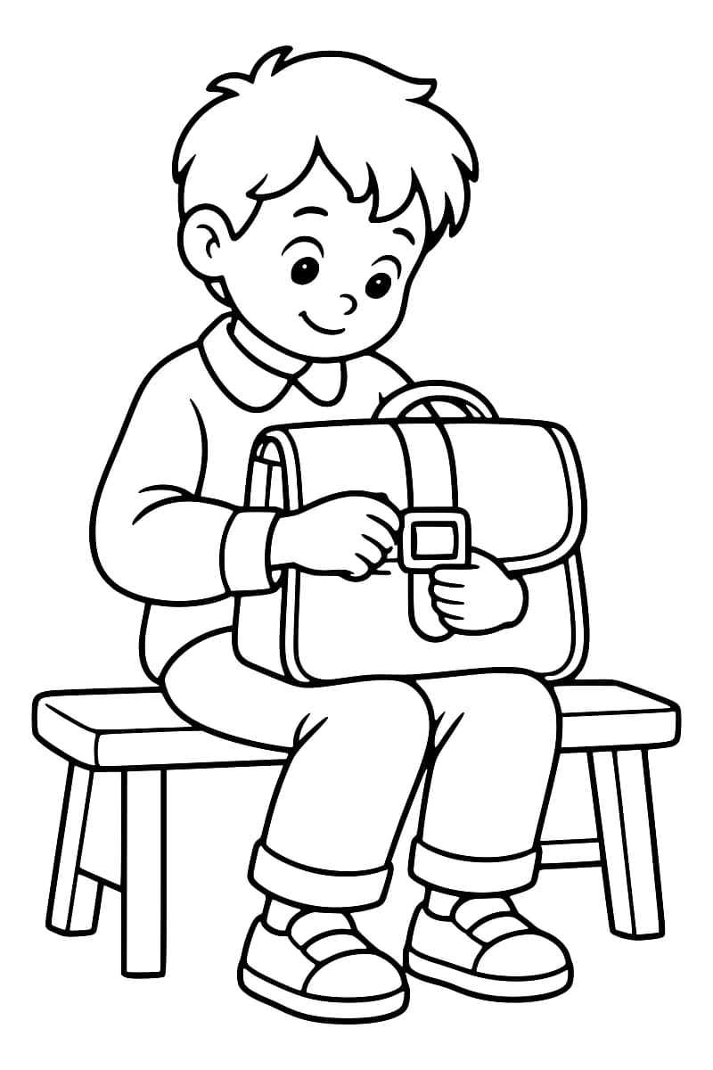 Dessin en noir et blanc d’un enfant souriant, assis sur un banc, tenant à deux mains la boucle d’un cartable posé sur ses genoux.