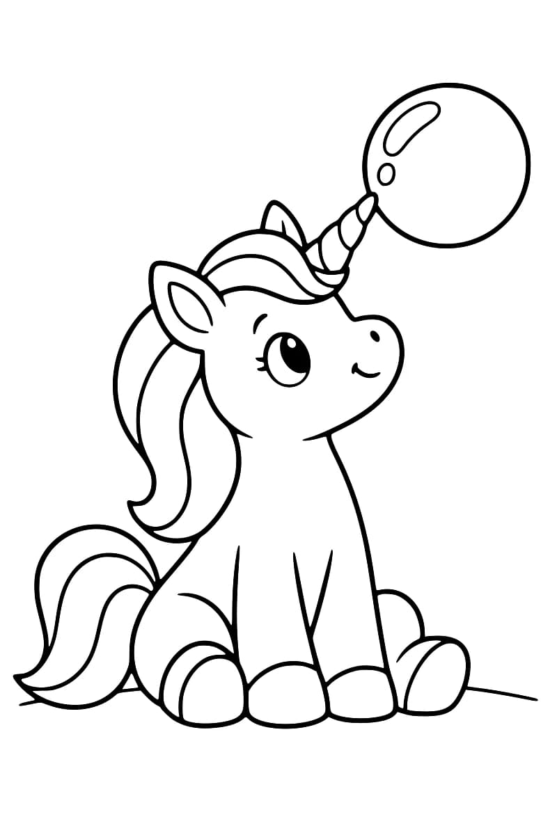 Dessin en noir et blanc d’une licorne souriante assise, à la crinière et à la queue ondulées, dont la corne touche une grande bulle au-dessus de sa tête.