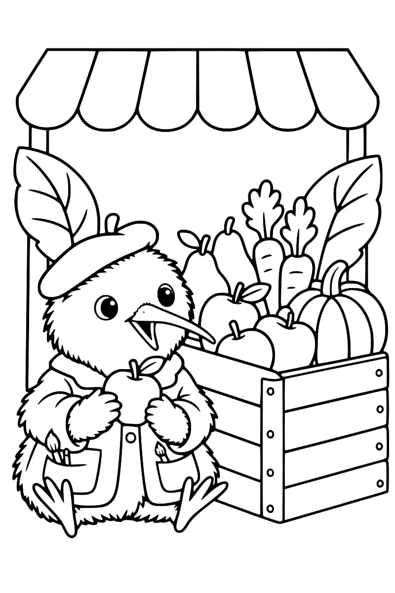 Dessin à colorier représentant un petit oiseau près d’une caisse en bois contenant des carottes, des citrouilles, des pommes et d’autres légumes.