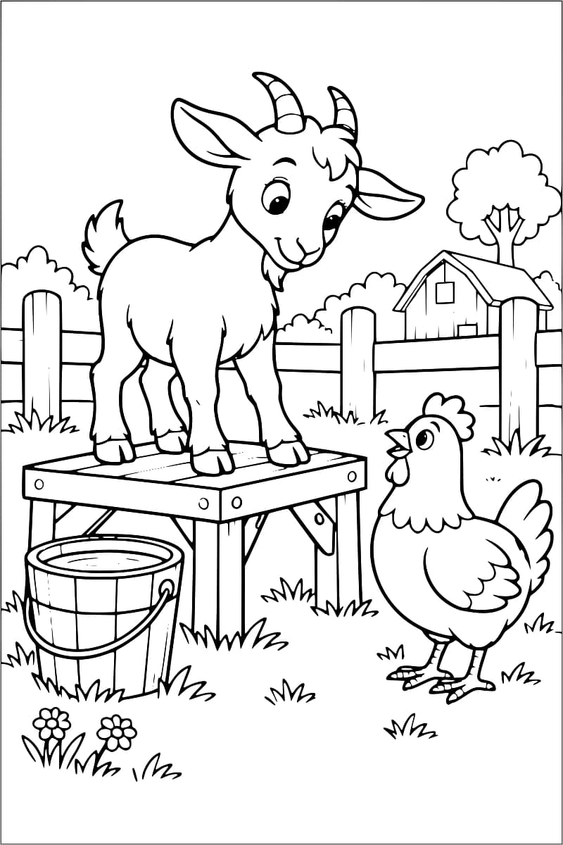 Coloriage en noir et blanc représentant une chèvre sur une estrade, une poule, un seau, une clôture et une grange.