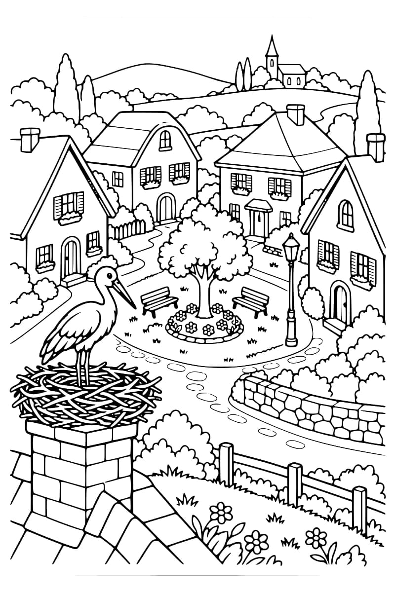 Dessin en noir et blanc d’une cigogne debout dans un nid sur une cheminée au premier plan, avec des maisons, un jardin fleuri, deux bancs et un lampadaire, puis une église sur une colline à l’arrière-plan.