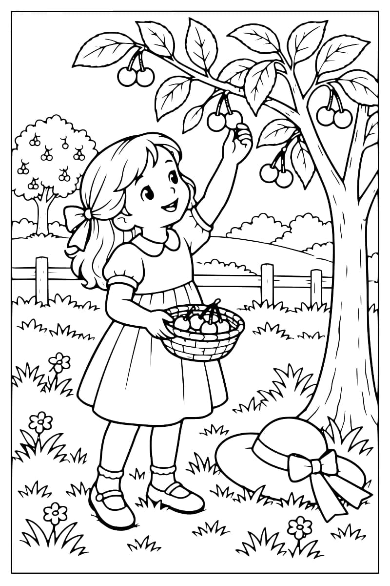 Dessin à colorier d’une fillette en robe cueillant des cerises et tenant un panier, près d’un cerisier. Un chapeau à nœud repose dans l’herbe fleurie, devant une clôture et un autre arbre.