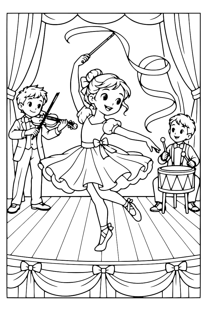 Dessin en noir et blanc d’une danseuse faisant tournoyer un ruban entre un violoniste et un percussionniste sur une scène décorée de rideaux.