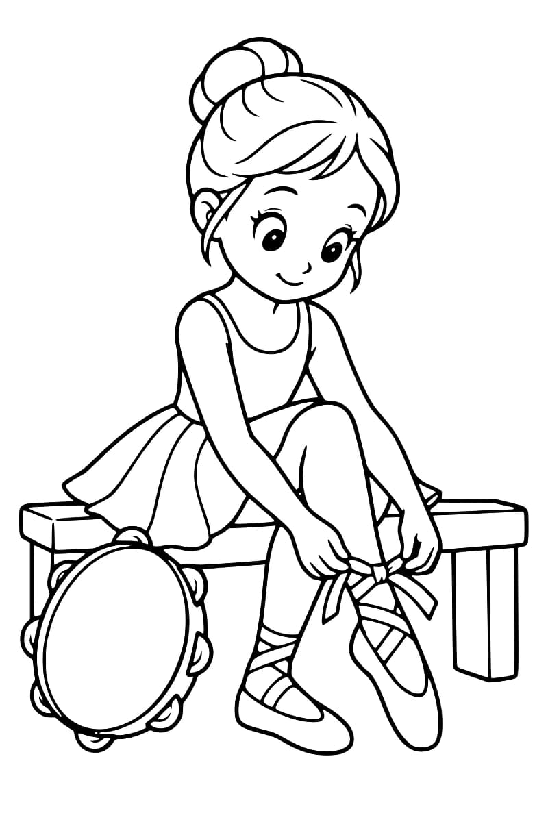 Dessin en noir et blanc d’une petite danseuse coiffée d’un chignon et vêtue d’un tutu, assise sur un banc et nouant le ruban de son chausson de danse, un tambourin appuyé contre le banc.