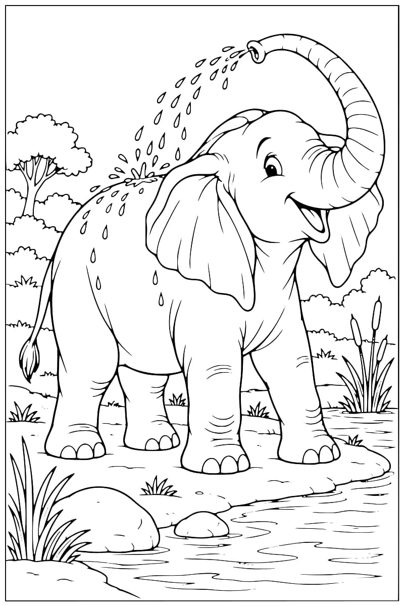 Dessin en noir et blanc d’un éléphant qui projette de l’eau sur son dos avec sa trompe recourbée, près d’un point d’eau entouré de roseaux, de rochers et d’arbres.