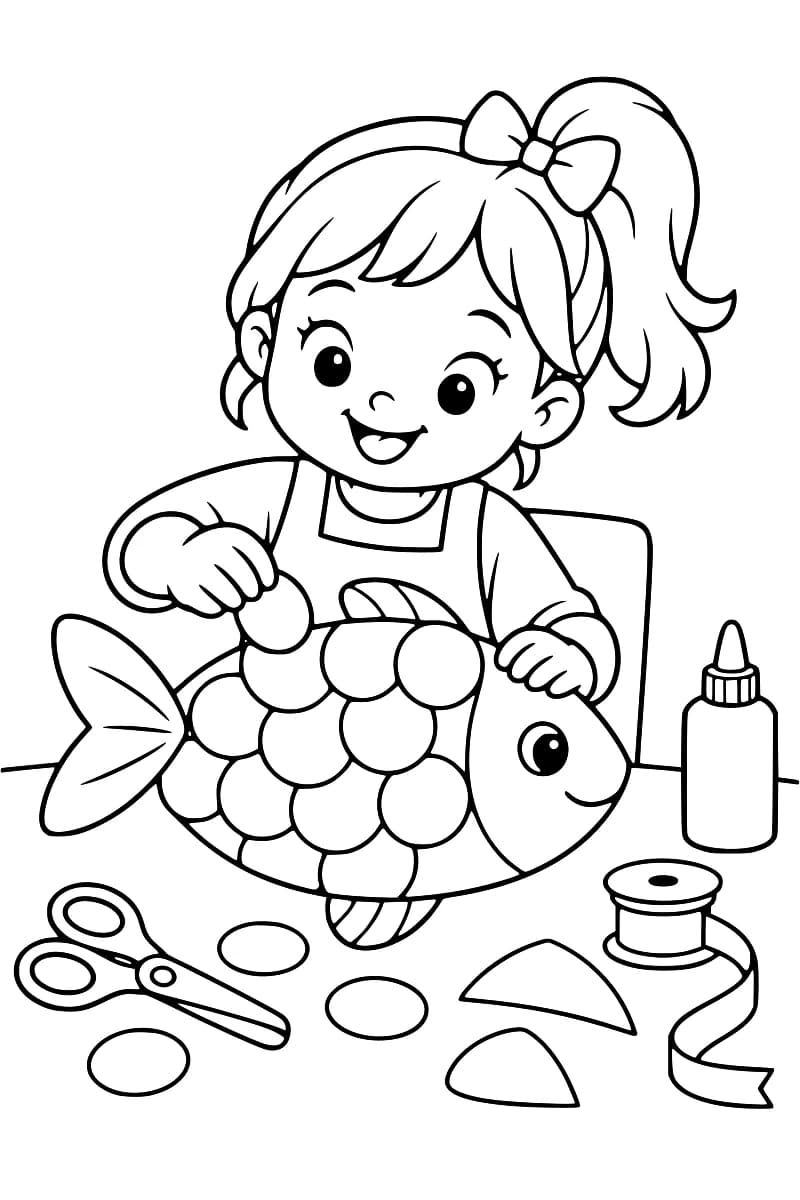 Coloriage en noir et blanc d’une enfant fabriquant un grand poisson en papier avec des ciseaux, un tube de colle et du ruban.