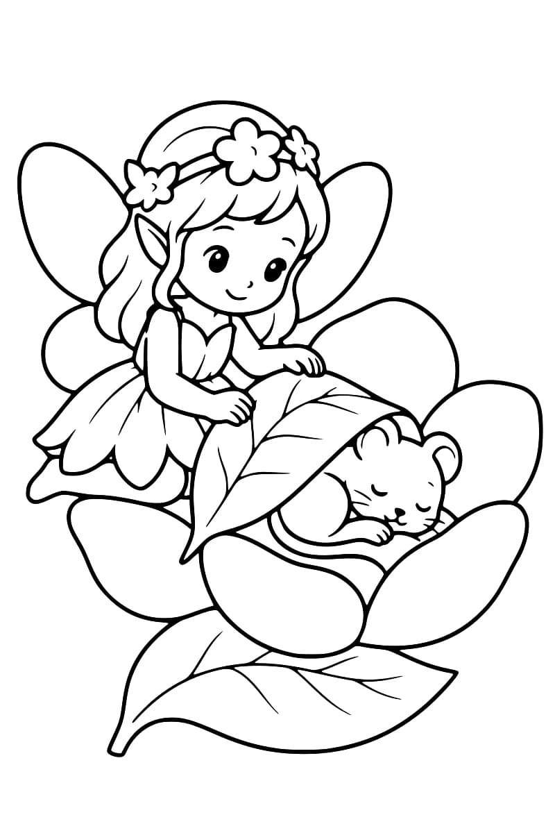 Dessin en noir et blanc d’une fée aux ailes arrondies, coiffée de fleurs, qui pose une feuille sur une souris endormie parmi les pétales d’une grande fleur.