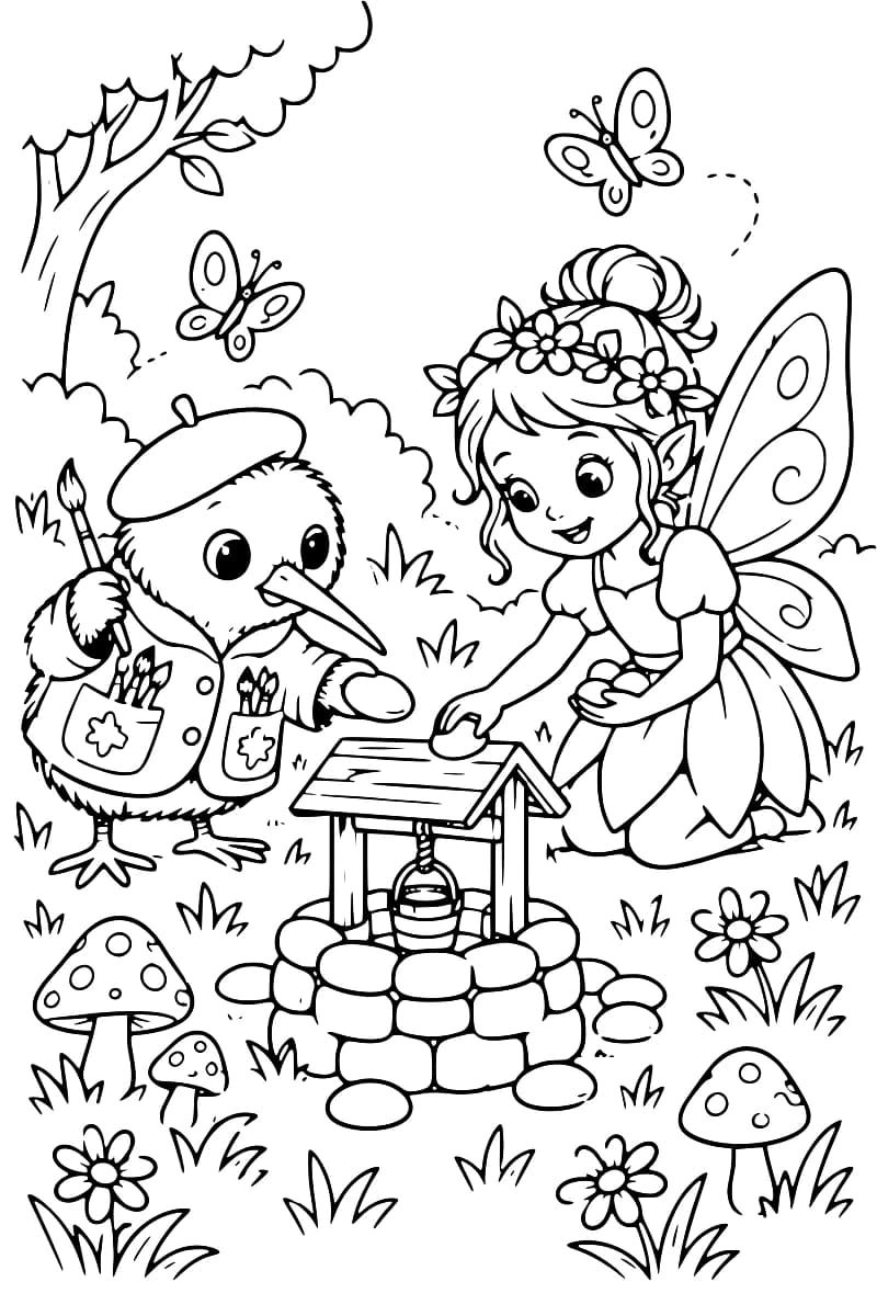 Dessin en noir et blanc d’une fée ailée portant une couronne de fleurs et d’un oiseau avec un béret, un pinceau et un gilet garni de pinceaux, près d’un puits en pierres avec un toit et un seau suspendu, entouré de papillons, de fleurs et de champignons.