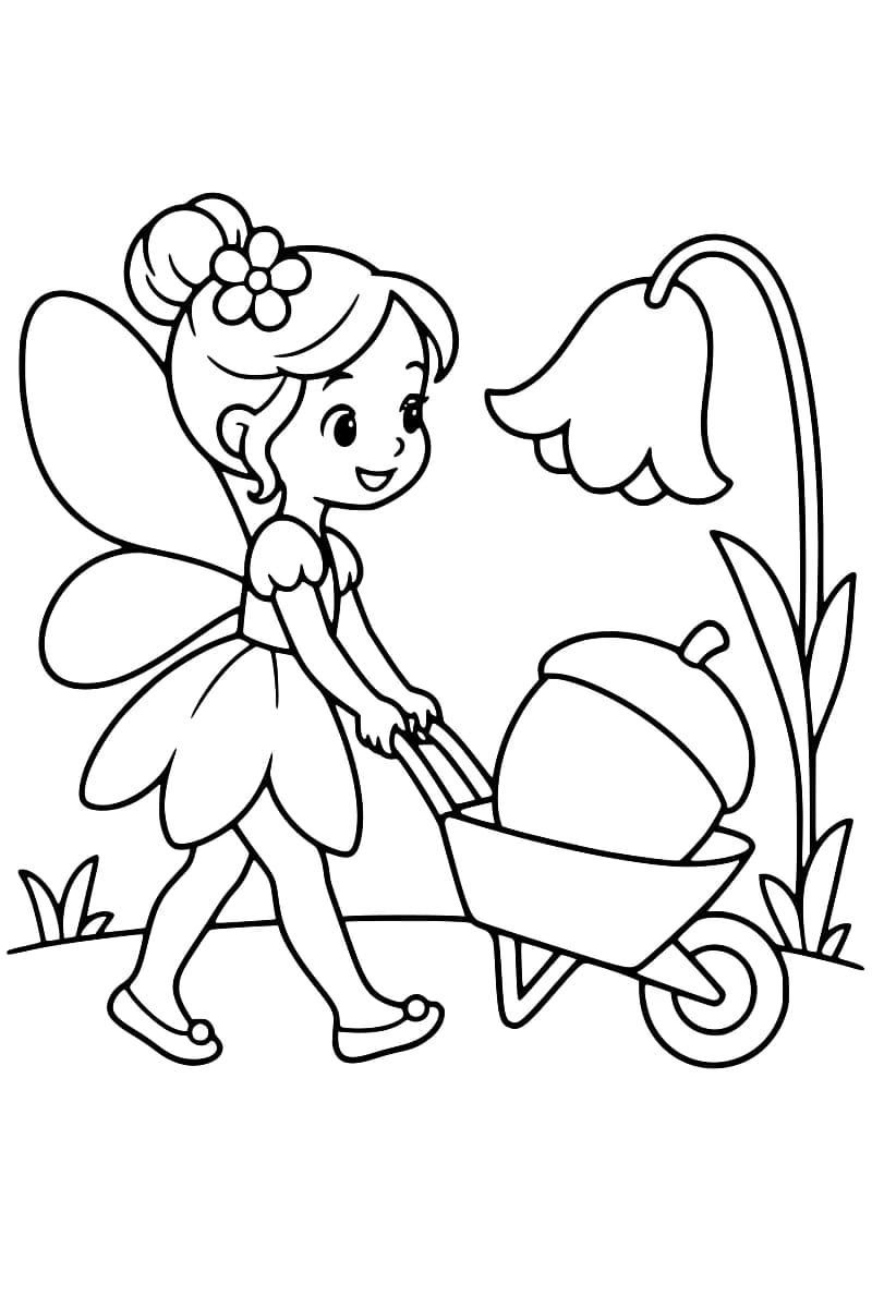 Dessin en noir et blanc d’une fée souriante, aux cheveux en chignon ornés d’une fleur, qui pousse une brouette contenant un gros gland, près d’une haute fleur en cloche.