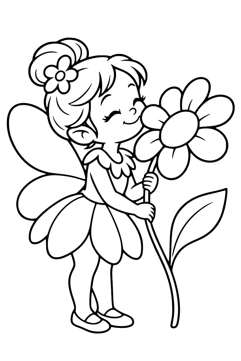 Dessin en noir et blanc d’une fée aux ailes arrondies, coiffée d’un chignon fleuri et vêtue d’une robe à pétales, tenant à deux mains la tige d’une grande fleur munie d’une feuille.