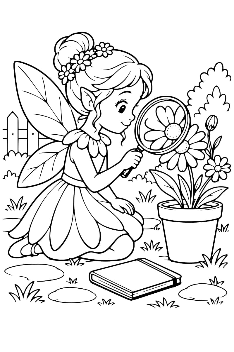 Dessin en noir et blanc d’une fée aux ailes en forme de feuilles, coiffée d’un chignon fleuri, observant une marguerite en pot à la loupe, avec un livre fermé posé dans l’herbe.
