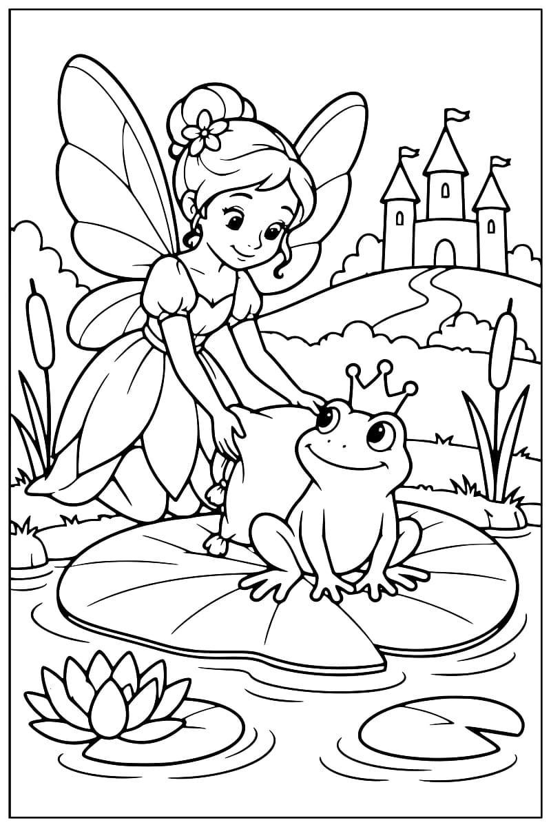 Dessin à colorier d’une fée ailée tenant un coussin derrière une grenouille couronnée sur une feuille de nénuphar, avec une fleur, des roseaux et un château à l’arrière-plan.