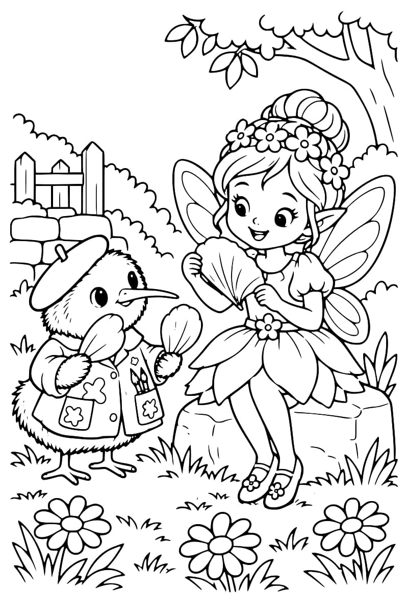 Dessin à colorier d’une fée ailée, couronnée de fleurs et vêtue d’une robe à pétales, assise sur une pierre avec un grand pétale entre les mains. À côté, un oiseau au long bec porte un béret et une veste et tient deux pétales. Des fleurs, de l’herbe, un arbre et une clôture entourent les personnages.