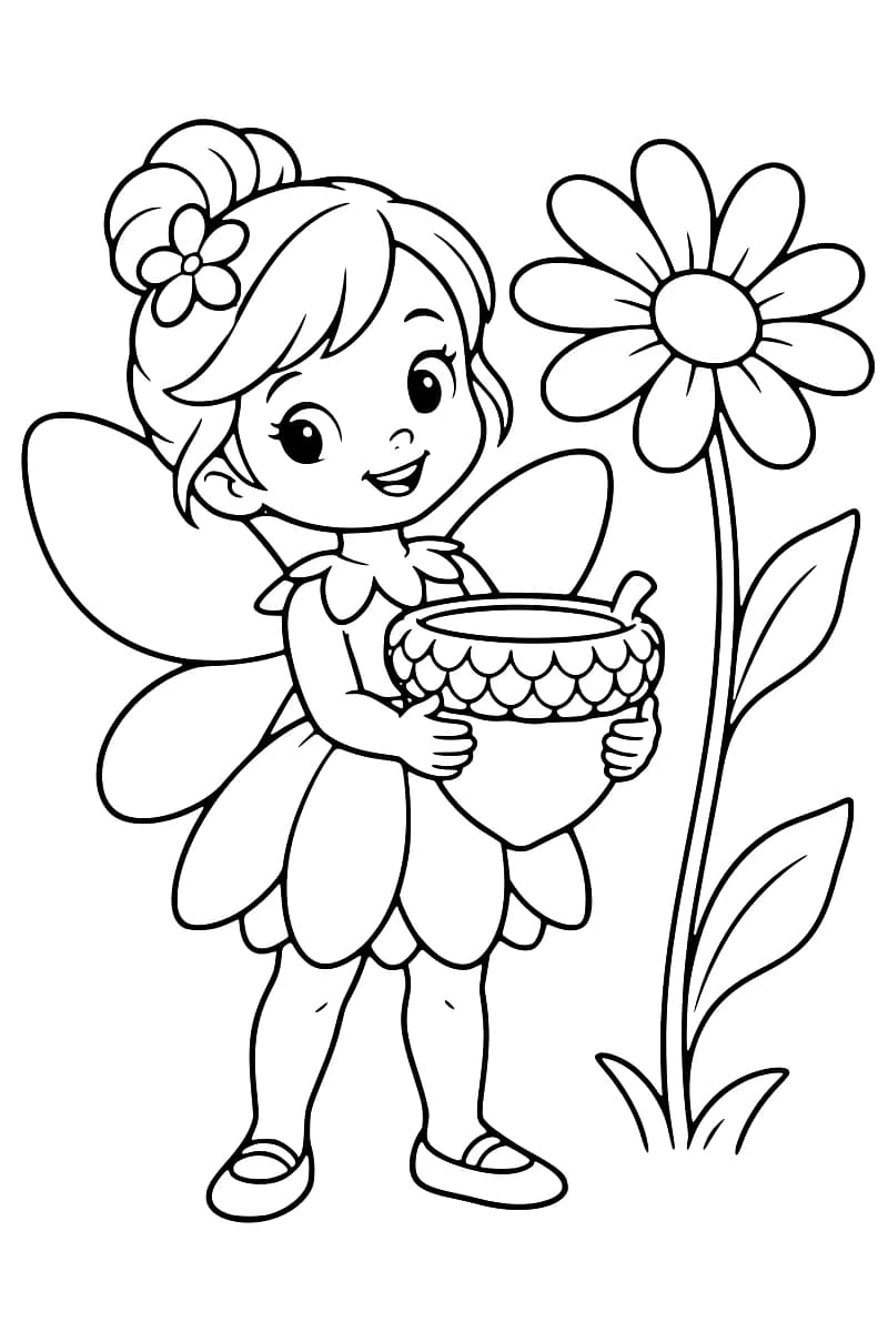 Dessin en noir et blanc d’une fée souriante aux grandes ailes, coiffée d’un chignon fleuri, tenant un bol en forme de gland à côté d’une marguerite.