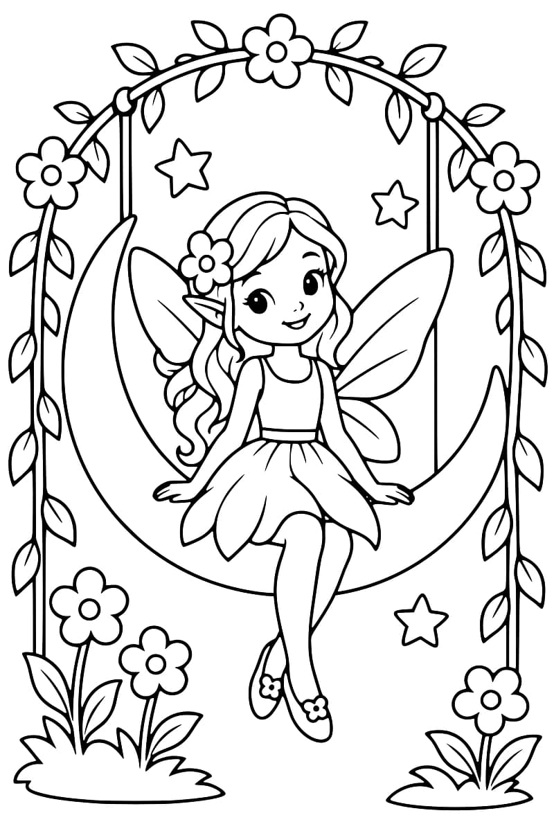 Dessin en noir et blanc d’une fée aux cheveux longs, avec une fleur dans les cheveux et une robe à jupe en pétales, assise sur un croissant de lune suspendu à une arche garnie de feuilles et de fleurs. Trois étoiles l’entourent et des fleurs poussent au pied de l’arche.