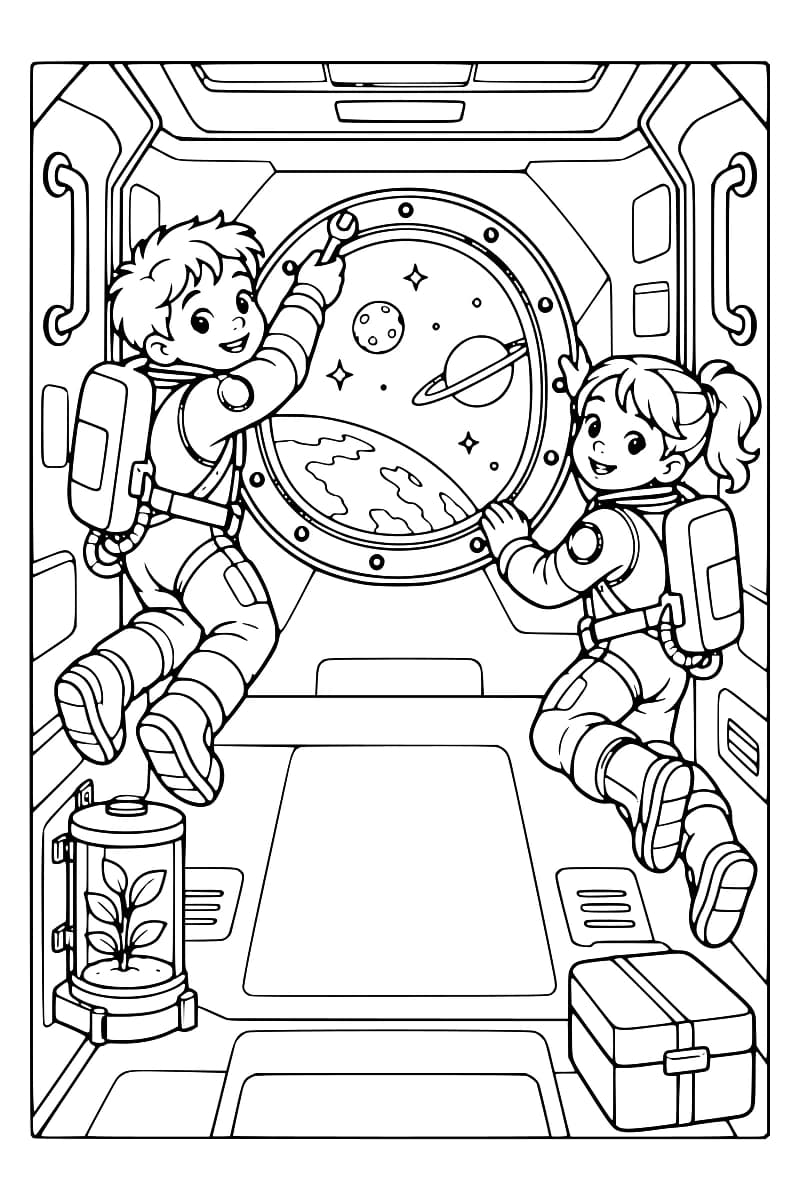 Illustration en noir et blanc de deux enfants astronautes flottant devant un hublot rond, avec des planètes et des étoiles visibles dans l’espace, une plante dans un compartiment et une caisse au premier plan.