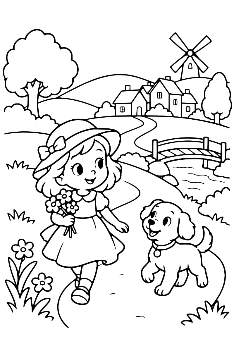 Dessin en noir et blanc d’une fillette avec un bouquet et un chien sur un chemin, avec un village, un moulin, un pont et des collines en arrière-plan.