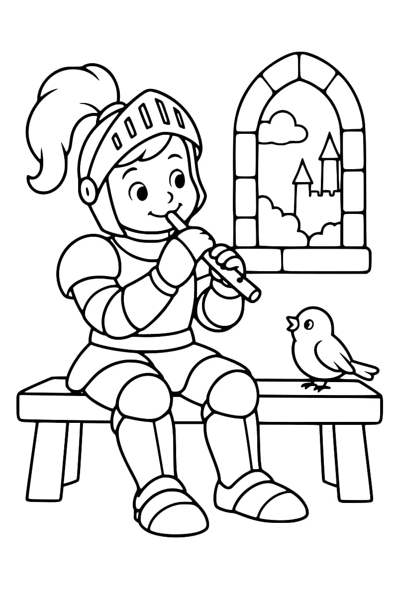 Dessin en noir et blanc d’un chevalier souriant en armure et au casque à plume, assis sur un banc et jouant de la flûte, avec un oiseau posé près de lui et une fenêtre donnant sur les tours d’un château.