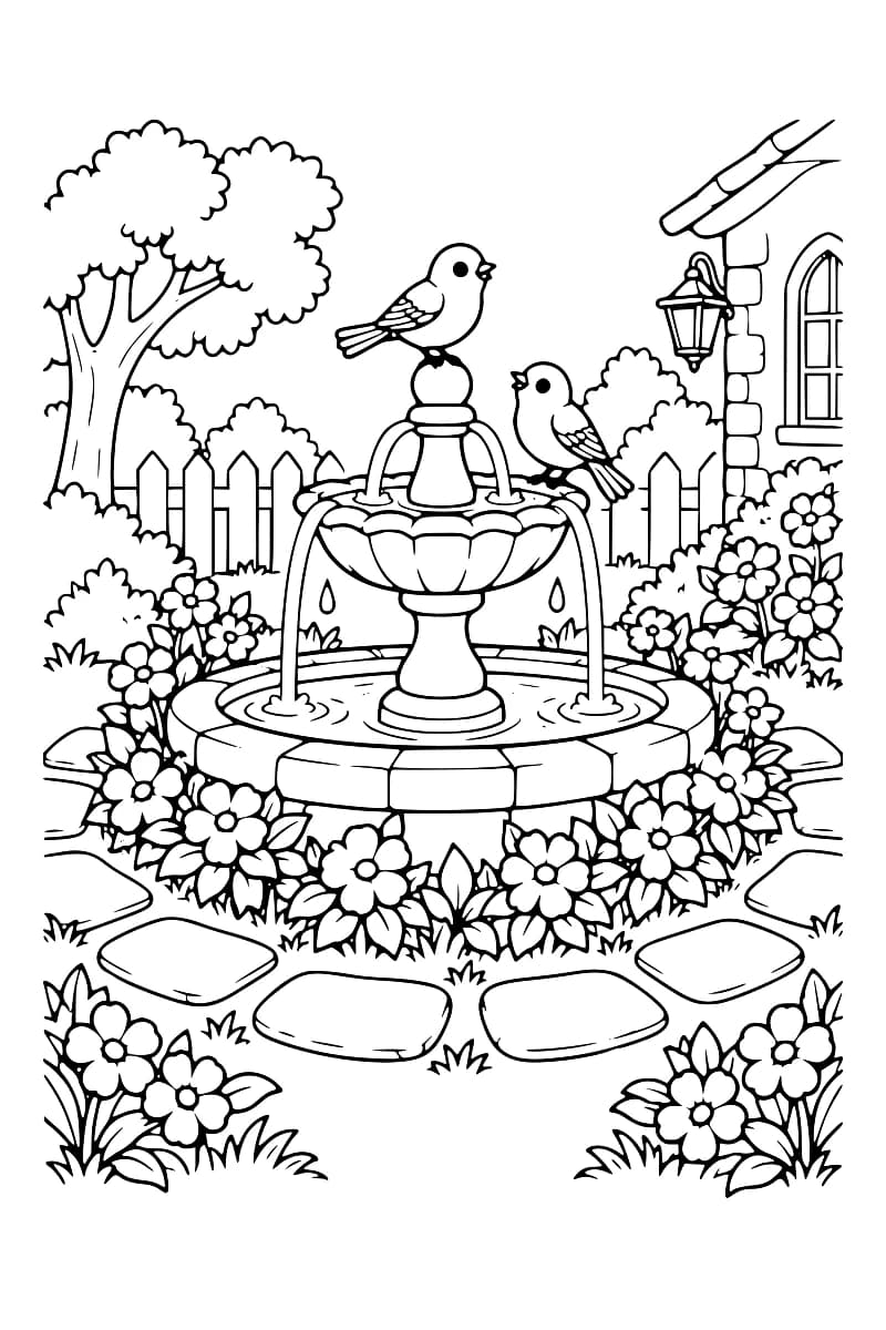 Fontaine en pierre entourée de fleurs, avec deux oiseaux posés sur le bassin