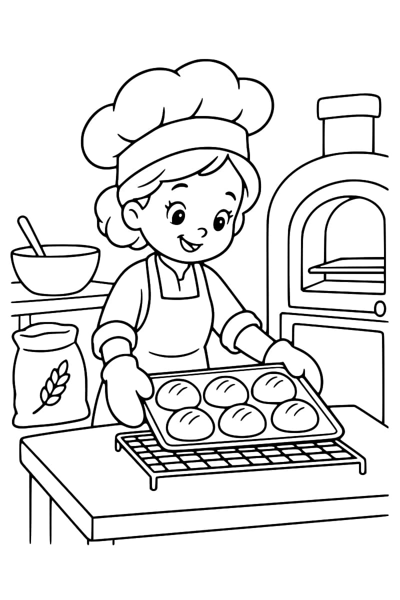 Dessin en noir et blanc d’un boulanger souriant, portant une toque, un tablier et des gants de cuisine, avec une plaque de six petits pains au-dessus d’une grille. Un four, un sac de farine et un bol avec une cuillère l’entourent.