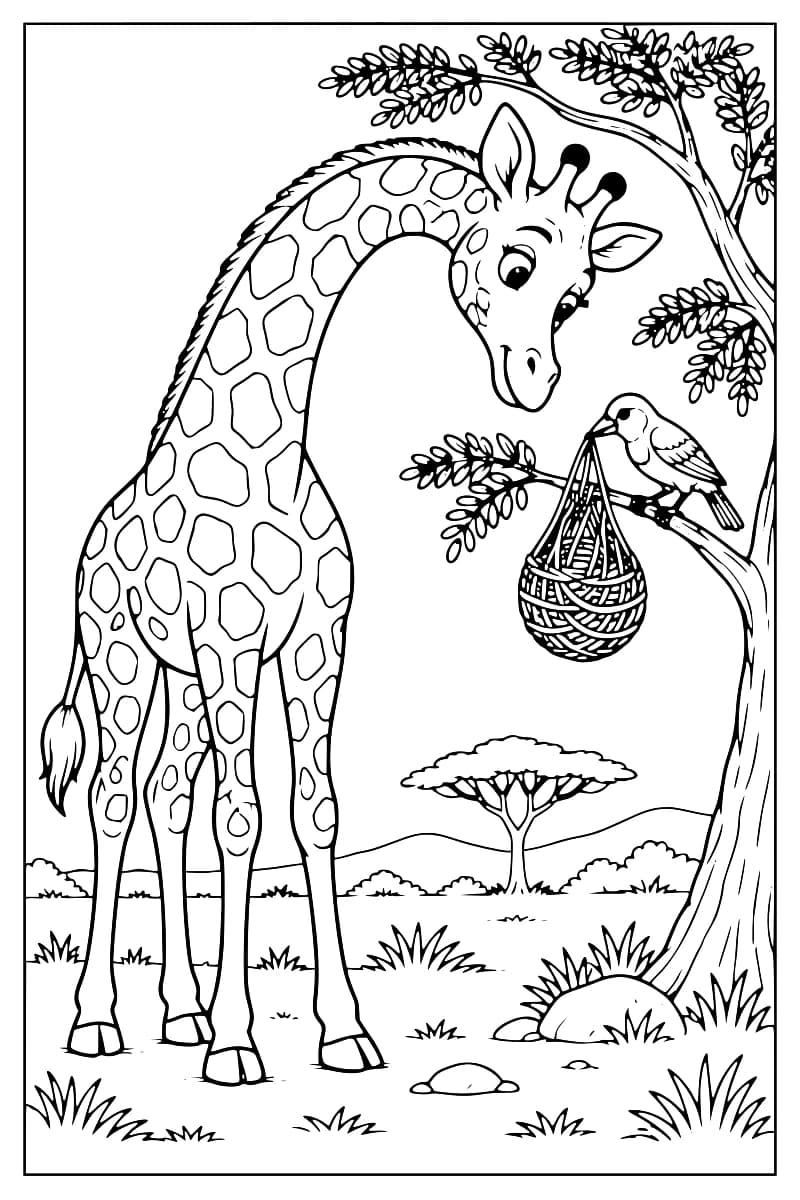 Dessin en noir et blanc d’une girafe au cou courbé vers un petit oiseau perché sur une branche, à côté d’un nid tressé suspendu, avec des herbes, des rochers et un arbre en arrière-plan.