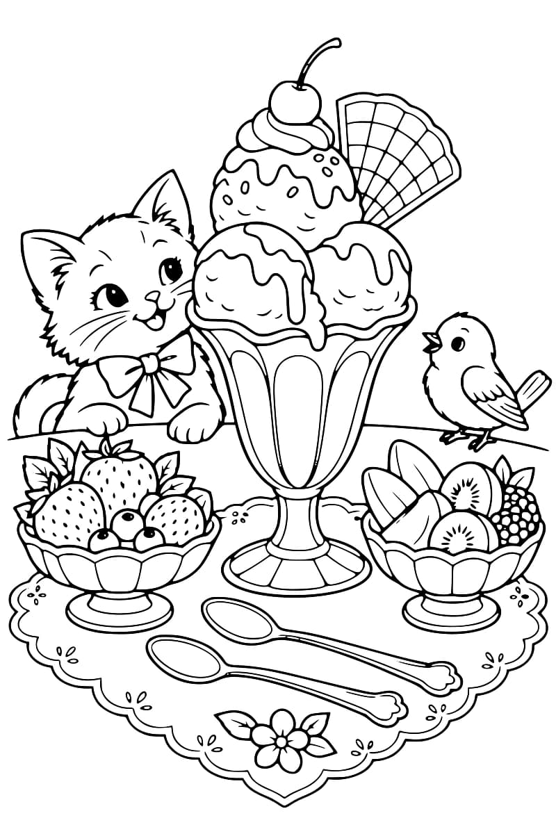 Dessin en noir et blanc représentant une grande coupe de glace avec plusieurs boules, une cerise et une gaufrette, entourée de deux coupes de fruits, d’un chat et d’un oiseau.