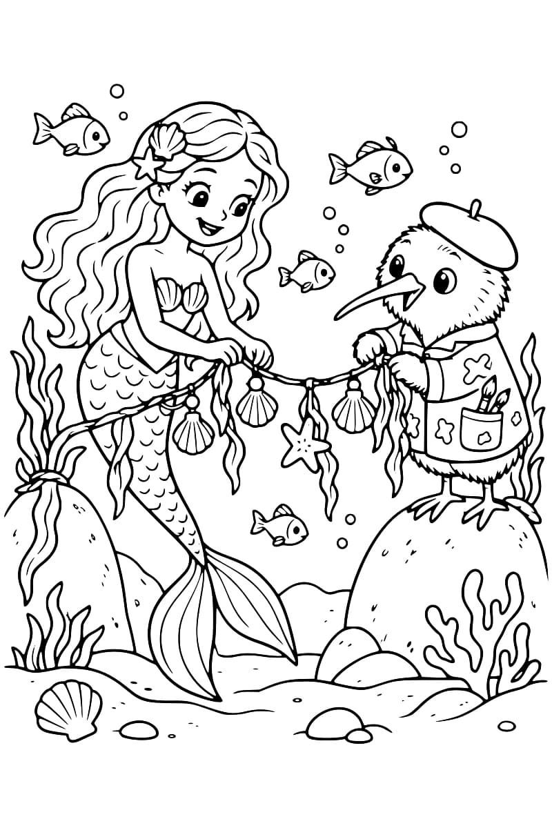 Dessin en noir et blanc d’une sirène et d’un oiseau kiwi tenant une guirlande de coquillages entre deux rochers, entourés de poissons et d’algues.