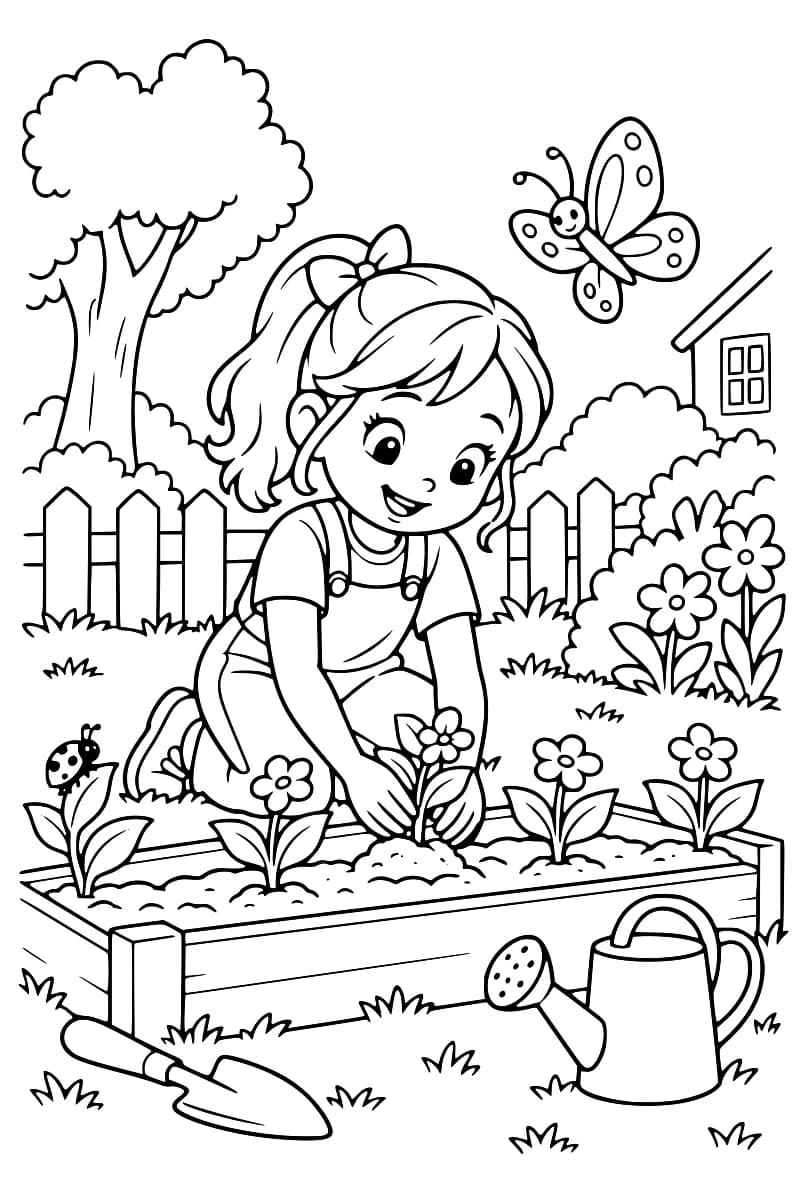 Dessin en noir et blanc d’une enfant qui jardine dans une plate-bande fleurie, avec un papillon, une coccinelle, une pelle et un arrosoir.