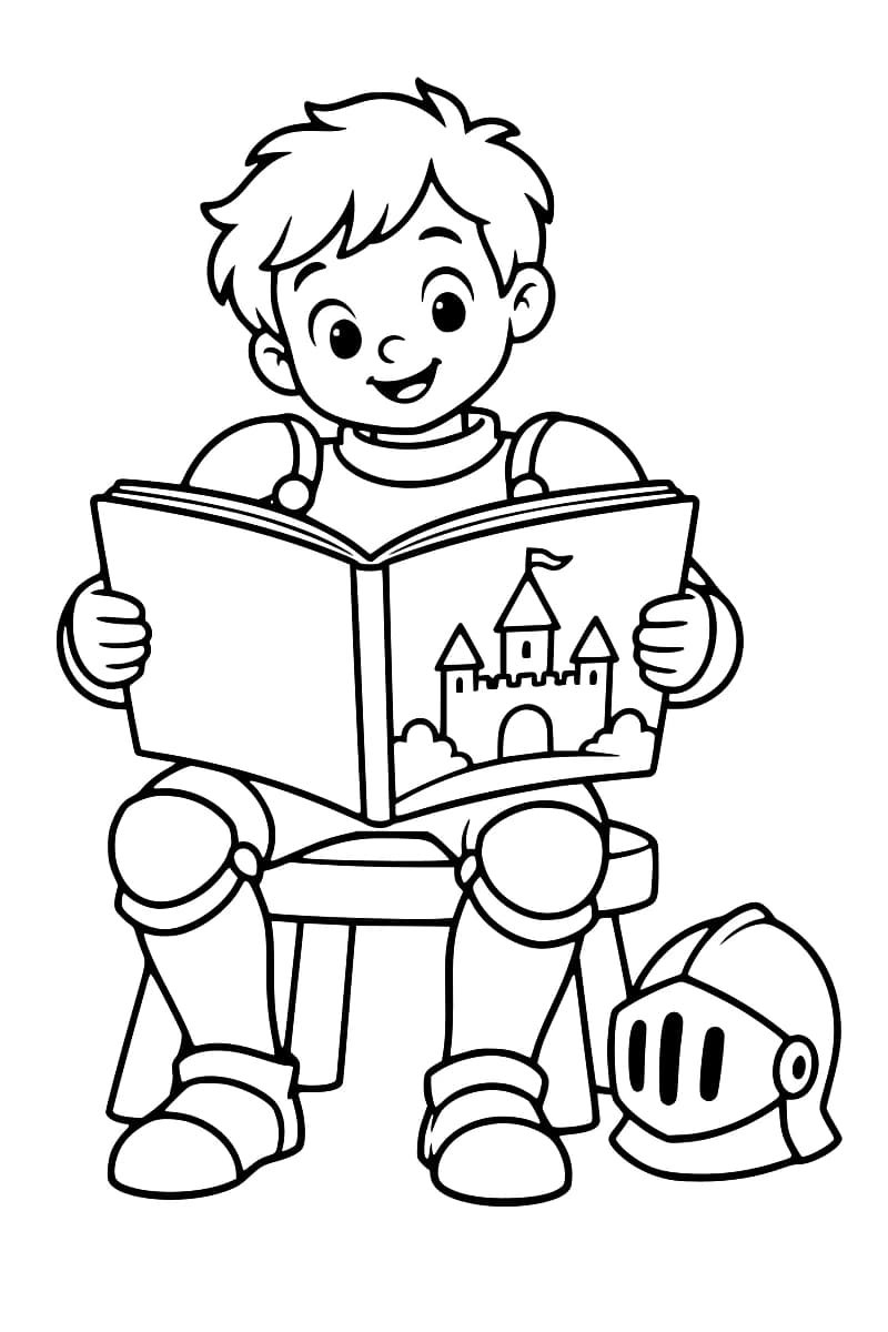 Dessin en noir et blanc d’un petit chevalier souriant, assis sur un tabouret avec un livre ouvert décoré d’un château et son casque posé au sol à côté de lui.