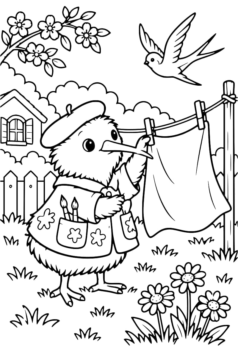 Dessin en noir et blanc d’un oiseau en béret et veste à poches garnies de pinceaux, accrochant un drap avec une pince à linge. Une hirondelle vole au-dessus du jardin, entouré d’une clôture, avec des marguerites, une branche fleurie et une maison à l’arrière-plan.
