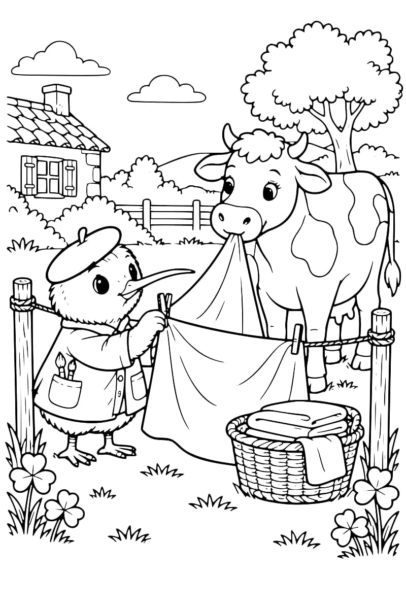 Dessin à colorier d’un oiseau en béret et en veste qui fixe un grand linge avec une pince à linge, aidé d’une vache tenant un coin du tissu dans sa bouche, près d’un panier de linge, avec une maison, une clôture, un arbre et des fleurs.