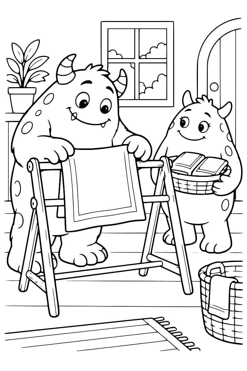 Dessin en noir et blanc de deux monstres souriants à cornes : le plus grand pose une serviette sur un séchoir, tandis que le plus petit porte un panier de linge plié. Une fenêtre, une plante en pot, une porte, un tapis et un second panier complètent la scène.