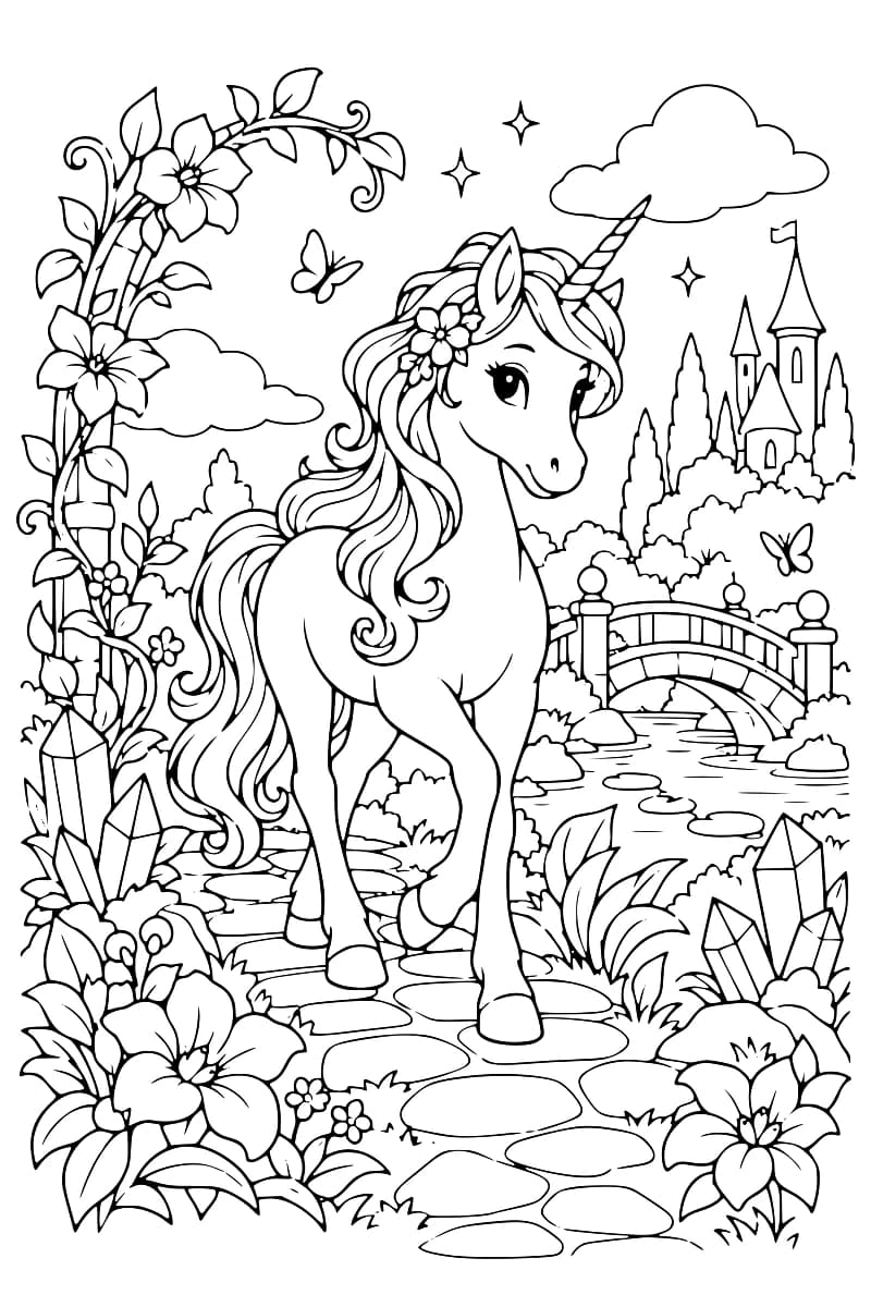 Dessin en noir et blanc d’une licorne dans un jardin fantastique fleuri, avec un pont, un château, des cristaux et un ruisseau.