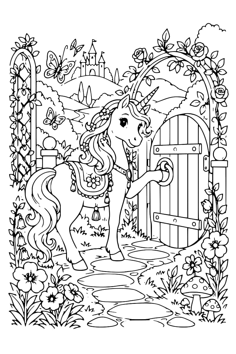 Dessin détaillé en noir et blanc montrant une licorne ouvrant une porte de jardin décorée de fleurs, avec un chemin, des papillons et un château en arrière-plan.