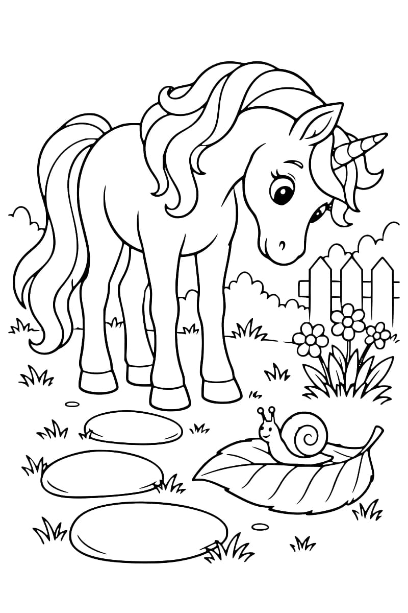 Dessin en noir et blanc d’une licorne à la longue crinière ondulée regardant un escargot sur une grande feuille au sol, avec des pierres, des touffes d’herbe, des fleurs et une clôture en arrière-plan.
