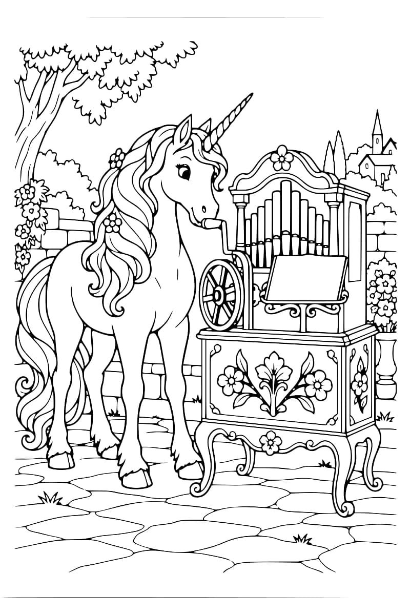 Dessin en noir et blanc d’une licorne à la longue crinière ondulée, le museau sur la poignée d’une manivelle reliée à un orgue à tuyaux avec un pupitre vide et des motifs floraux, dans une cour pavée bordée de fleurs, avec un arbre et un château au loin.