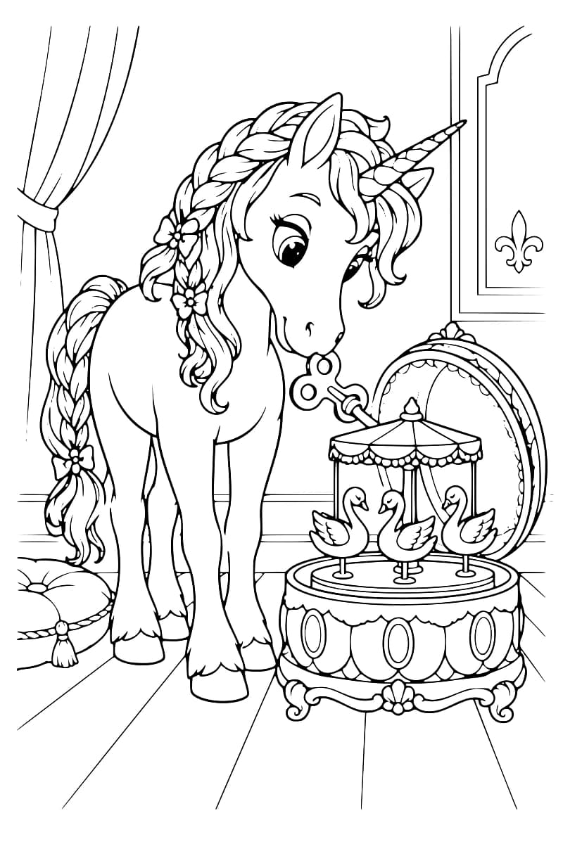 Dessin en noir et blanc d’une licorne à la crinière et à la queue tressées, décorées de fleurs, devant une boîte à musique ouverte contenant trois cygnes sous un petit chapiteau.